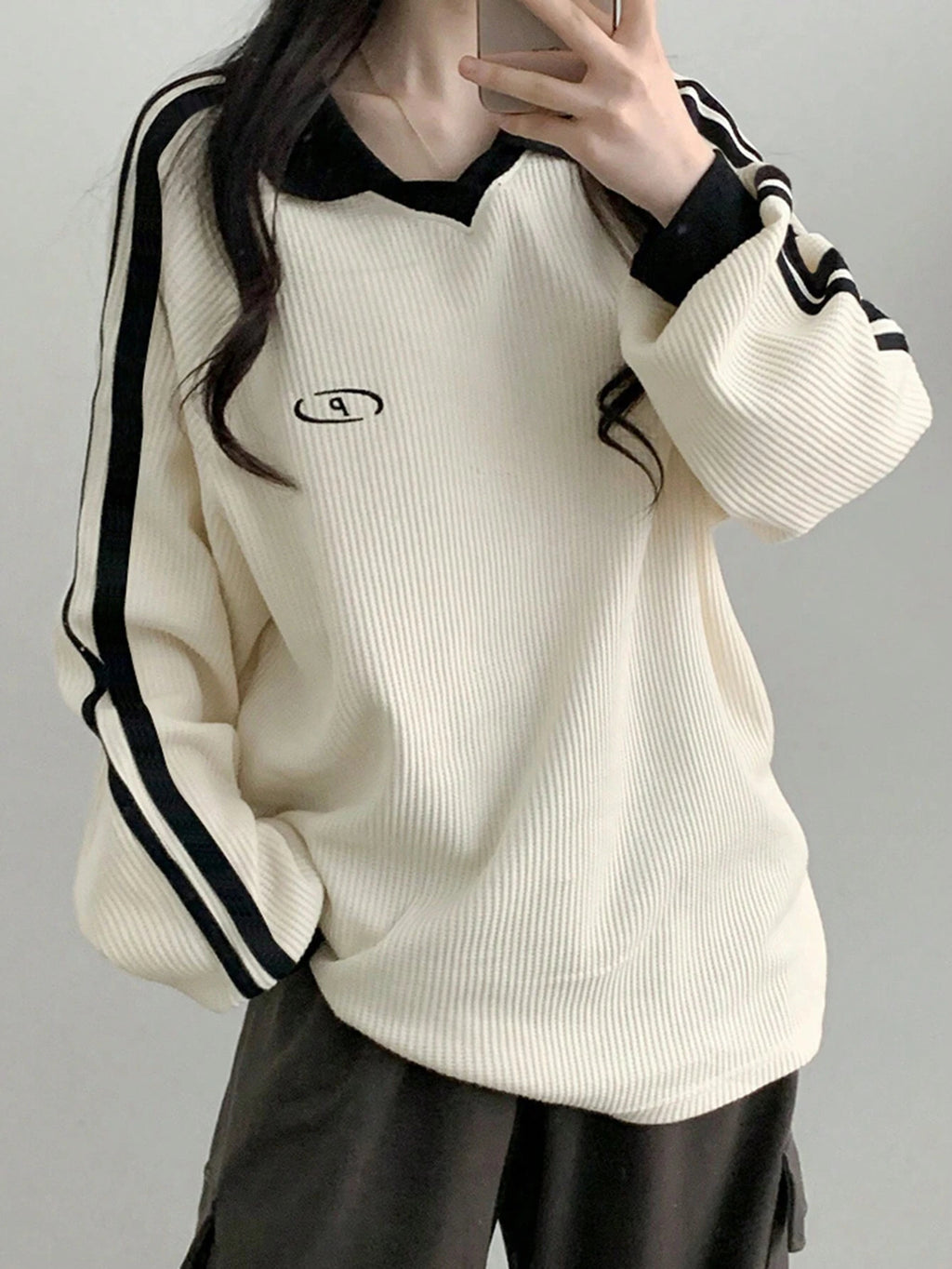 Contrast Color Block Striped Long Sleeve Casual Letter Print Sweatshirt, Collegiate Style, Long Sleeve Tops