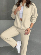 Solid Color Minimalist Hoodie Jacket Top And Straight Leg Pants, Fashion Outfit