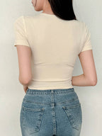 Women's Solid Color Swan Collar Short Sleeve T-Shirt