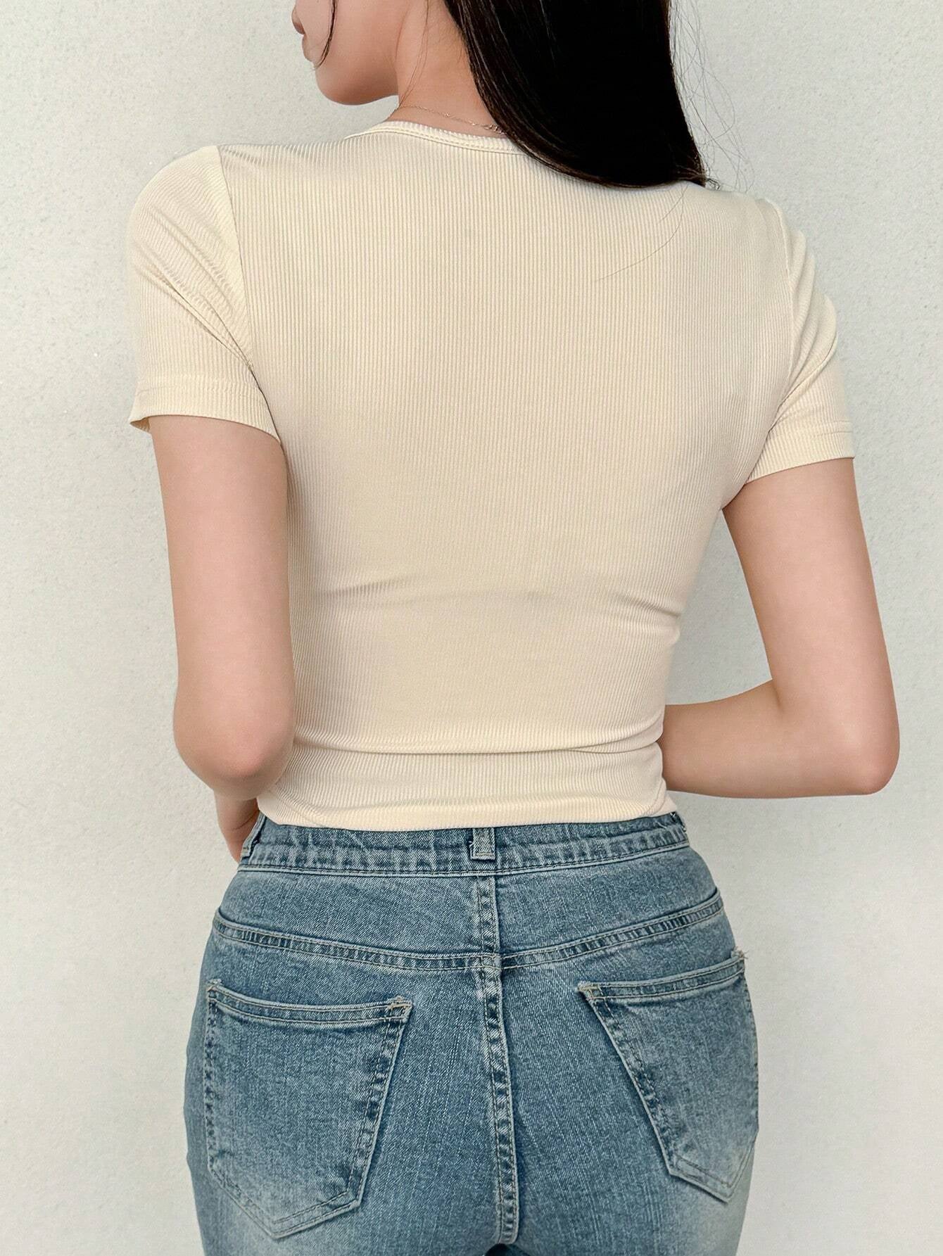 Women's Solid Color Swan Collar Short Sleeve T-Shirt