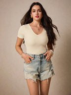 Solid Black Backless Short Sleeve Tee, Effortless Chic Essential, Summer Top