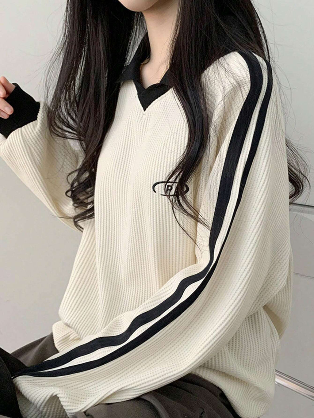 Contrast Color Block Striped Long Sleeve Casual Letter Print Sweatshirt, Collegiate Style, Long Sleeve Tops