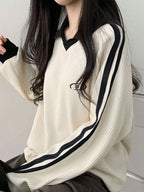 Contrast Color Block Striped Long Sleeve Casual Letter Print Sweatshirt, Collegiate Style, Long Sleeve Tops