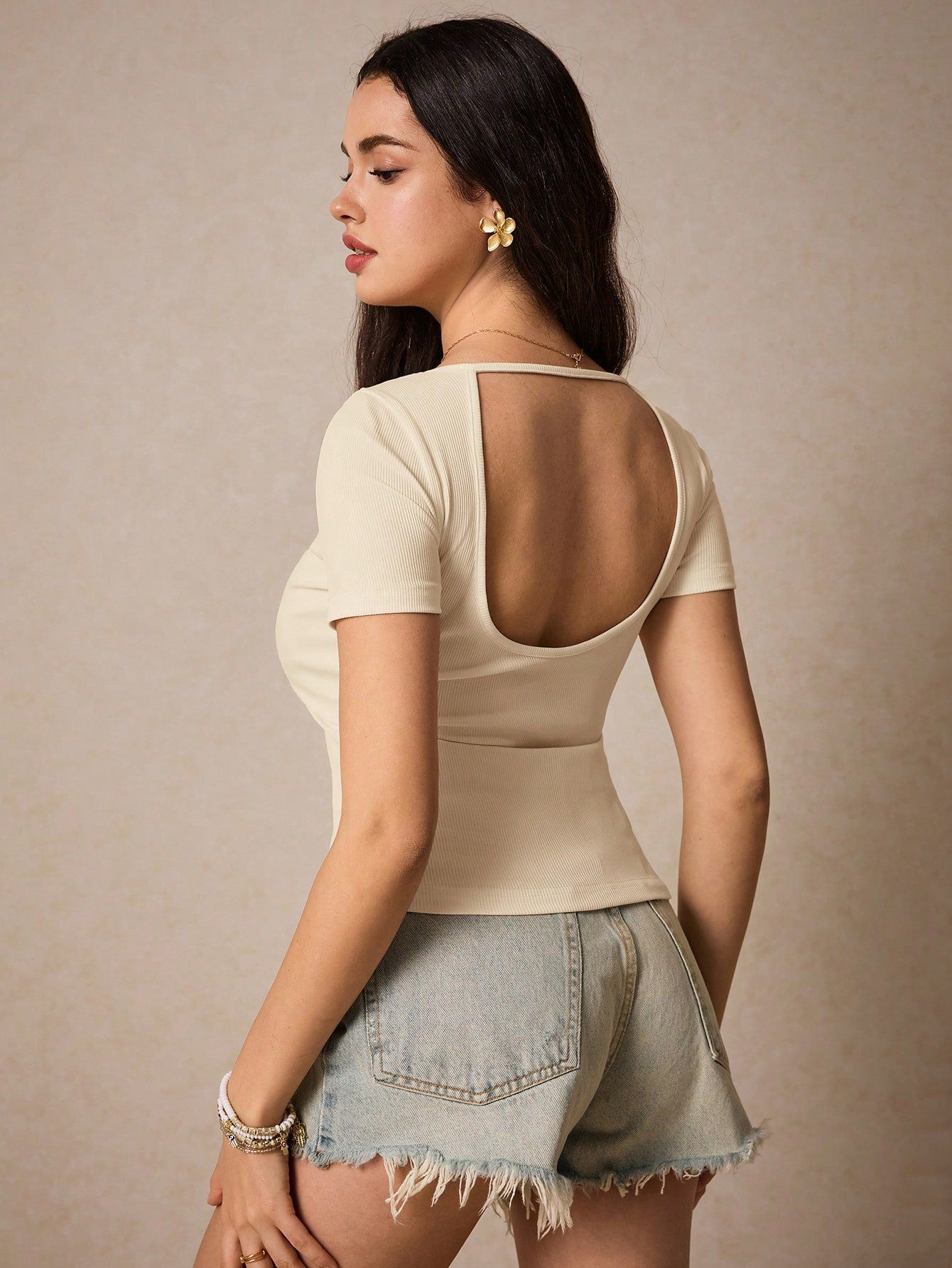 Solid Black Backless Short Sleeve Tee, Effortless Chic Essential, Summer Top