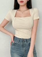 Women's Solid Color Swan Collar Short Sleeve T-Shirt