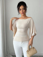 Solid Color Boat Neck Flare Sleeve Knit Fashion T-Shirt