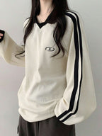 Contrast Color Block Striped Long Sleeve Casual Letter Print Sweatshirt, Collegiate Style, Long Sleeve Tops