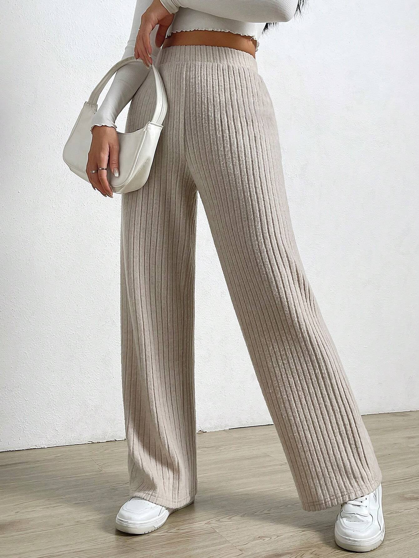 Solid Color High Waist Ribbed Straight Loose Casual Pants