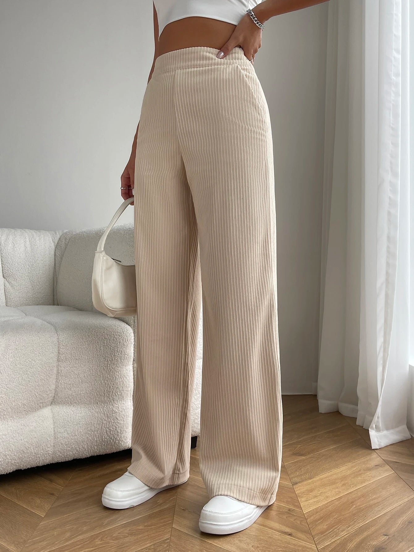 Solid Color High Waist Pockets Straight Loose Casual Pants