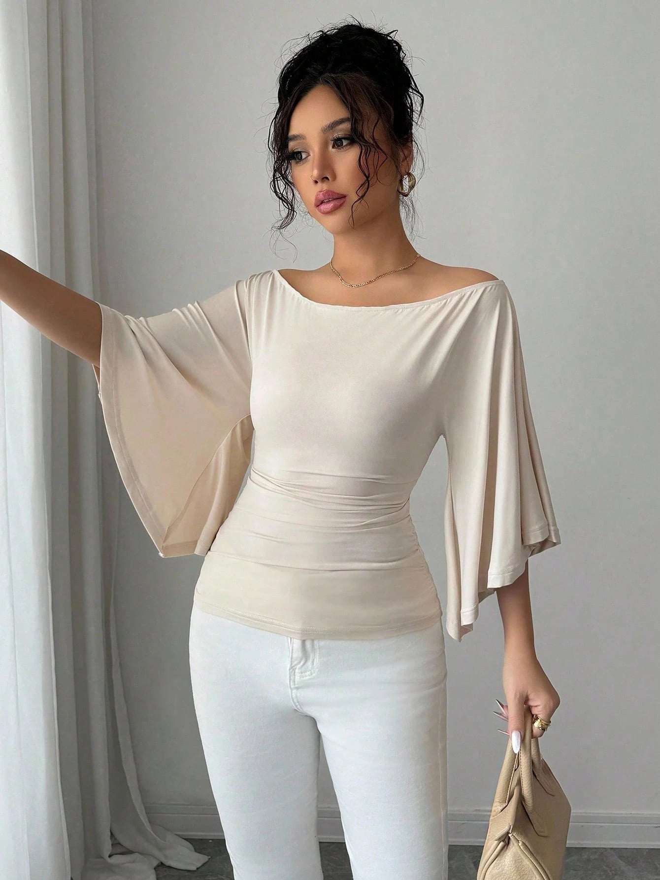 Solid Color Boat Neck Flare Sleeve Knit Fashion T-Shirt