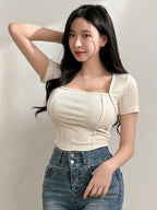Women's Solid Color Swan Collar Short Sleeve T-Shirt