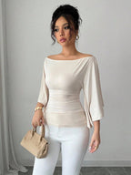 Solid Color Boat Neck Flare Sleeve Knit Fashion T-Shirt