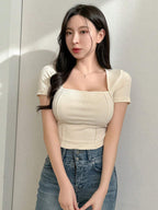 Women's Solid Color Swan Collar Short Sleeve T-Shirt