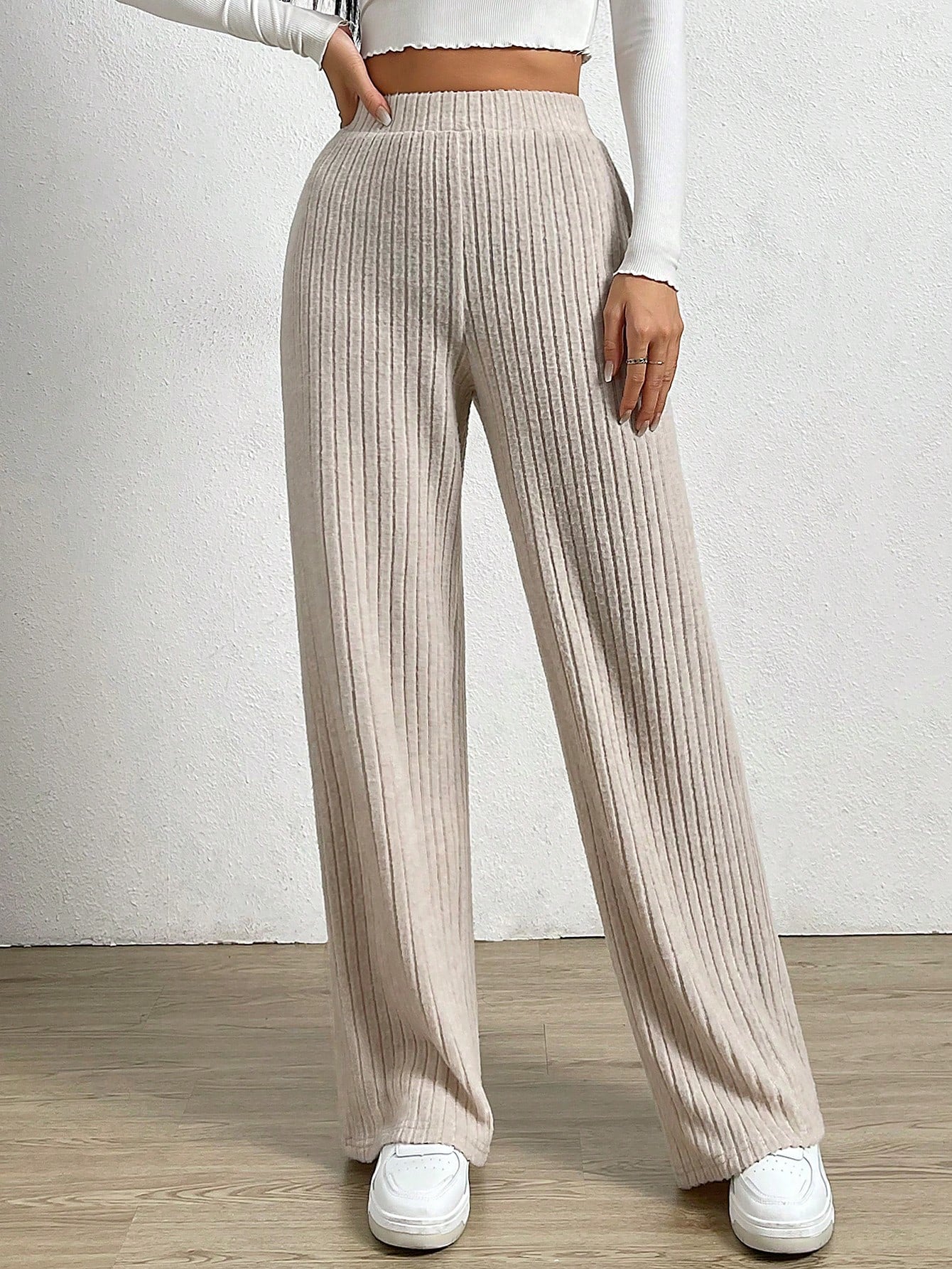 Solid Color High Waist Ribbed Straight Loose Casual Pants