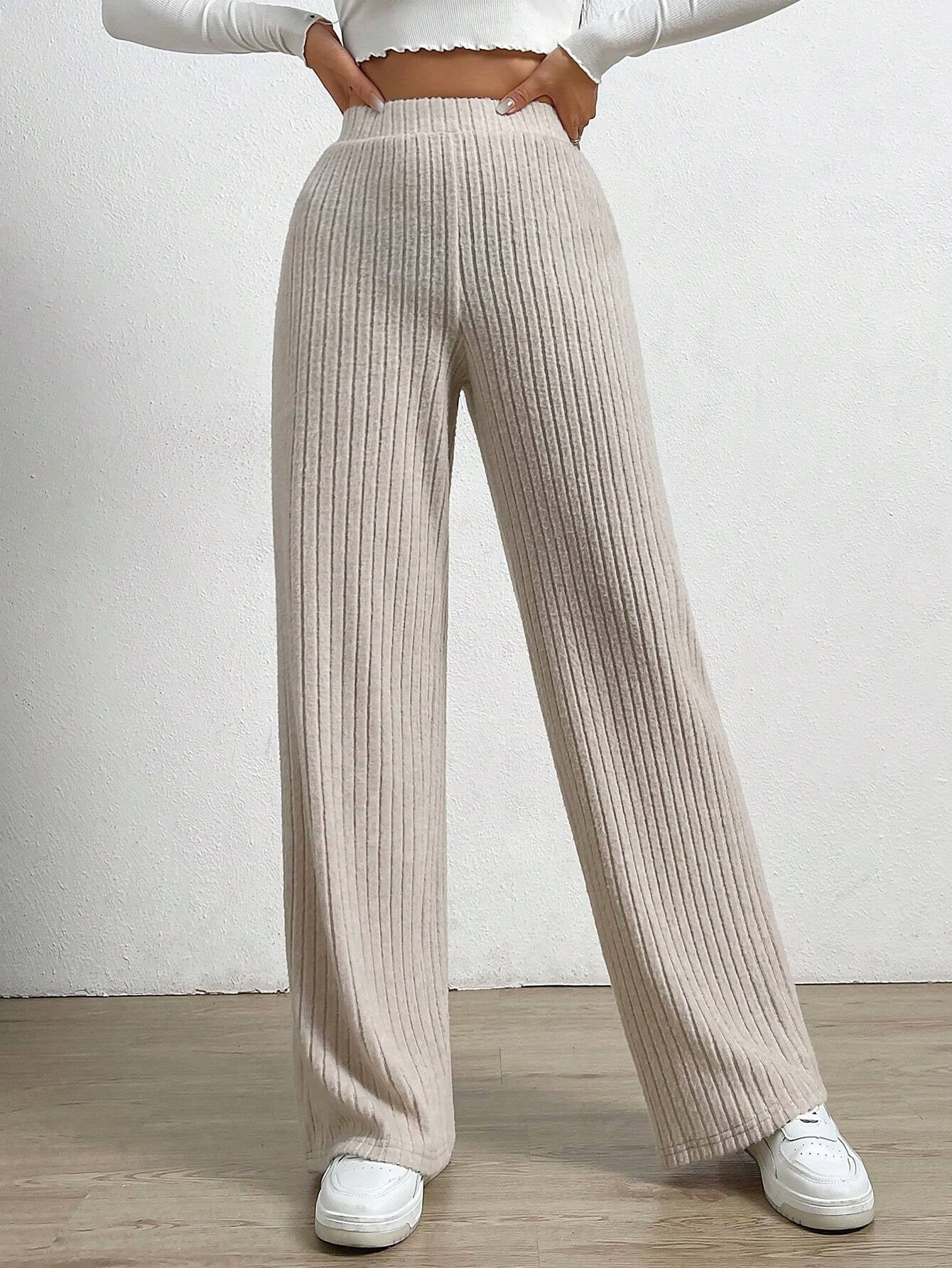 Solid Color High Waist Ribbed Straight Loose Casual Pants