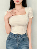 Women's Solid Color Swan Collar Short Sleeve T-Shirt