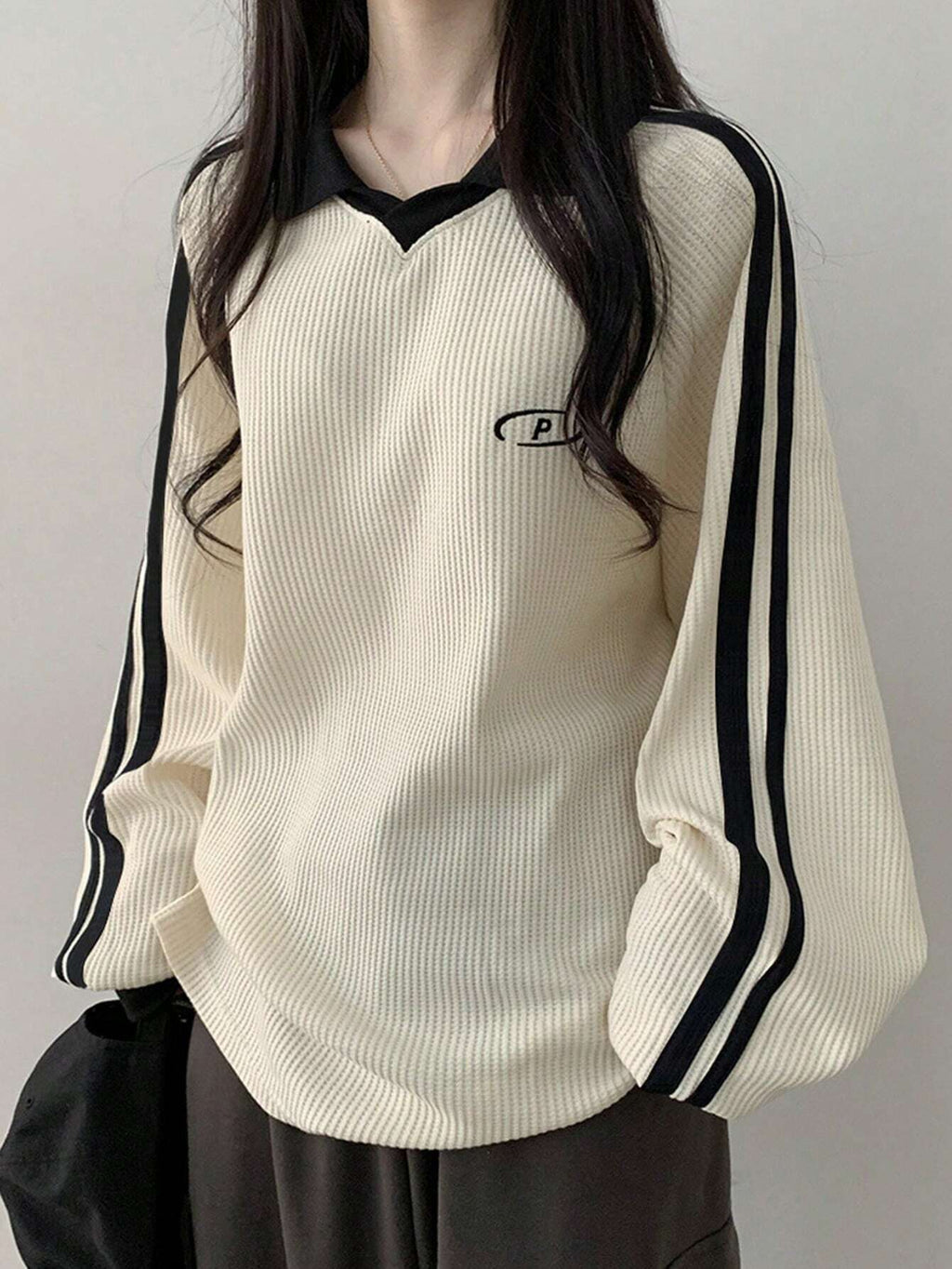 Contrast Color Block Striped Long Sleeve Casual Letter Print Sweatshirt, Collegiate Style, Long Sleeve Tops