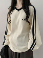 Contrast Color Block Striped Long Sleeve Casual Letter Print Sweatshirt, Collegiate Style, Long Sleeve Tops