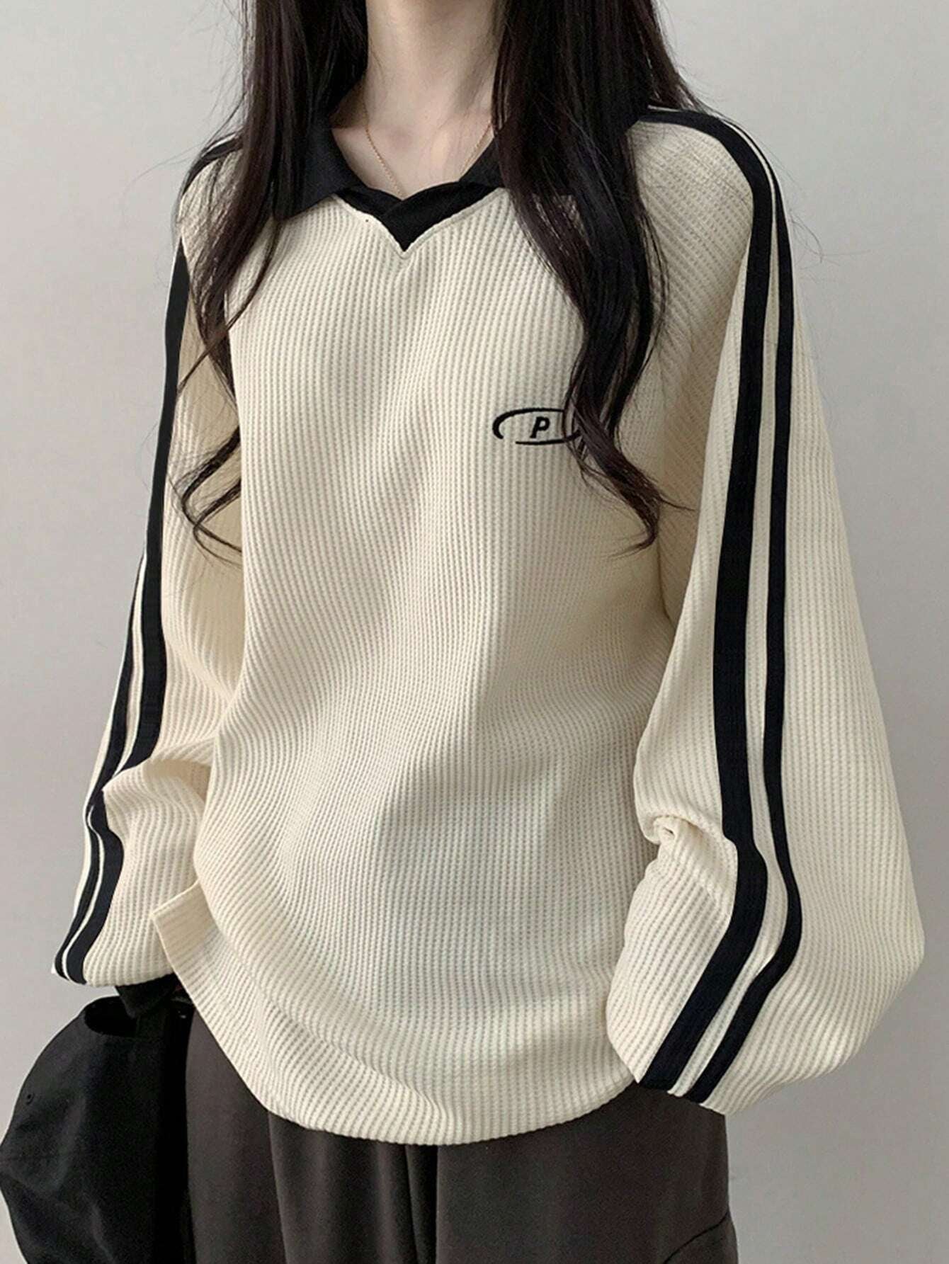 Contrast Color Block Striped Long Sleeve Casual Letter Print Sweatshirt, Collegiate Style, Long Sleeve Tops