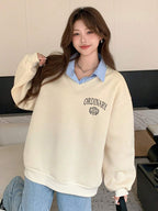 Letter & Stripe Print Patchwork Thermal Lined Sweatshirt