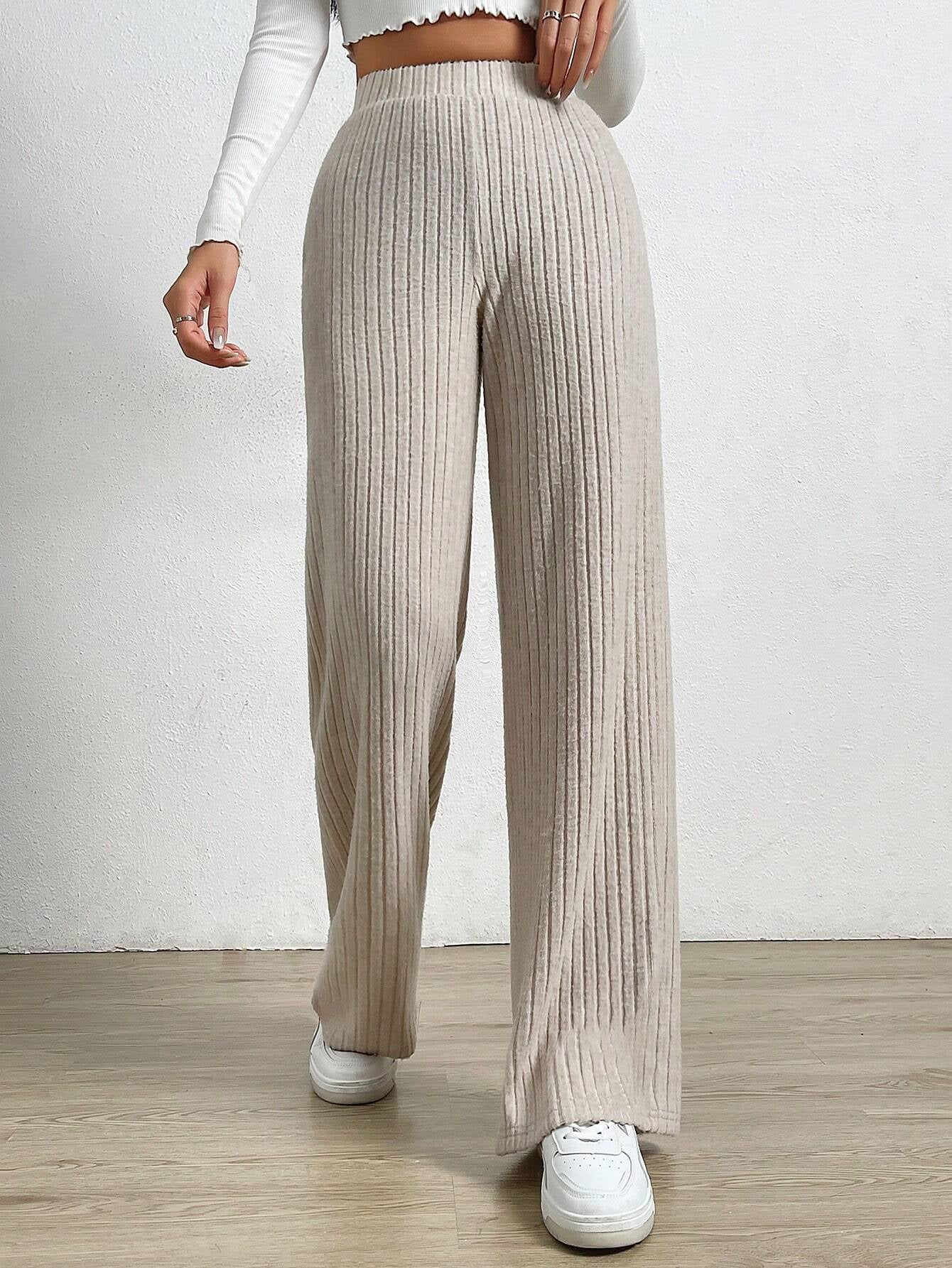 Solid Color High Waist Ribbed Straight Loose Casual Pants