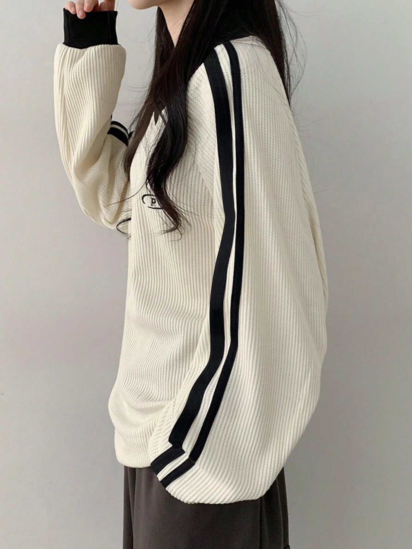 Contrast Color Block Striped Long Sleeve Casual Letter Print Sweatshirt, Collegiate Style, Long Sleeve Tops