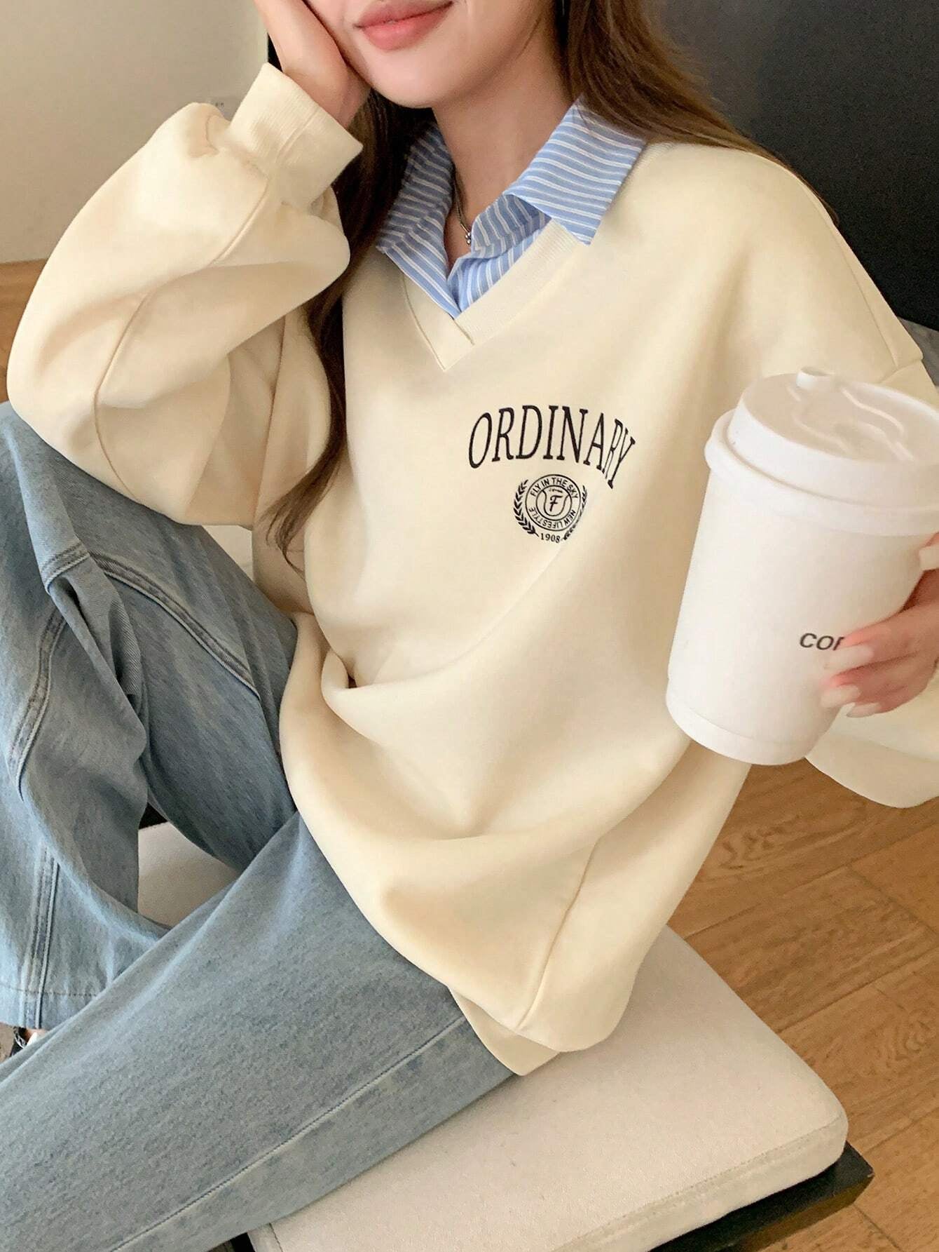 Letter & Stripe Print Patchwork Thermal Lined Sweatshirt