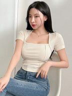 Women's Solid Color Swan Collar Short Sleeve T-Shirt