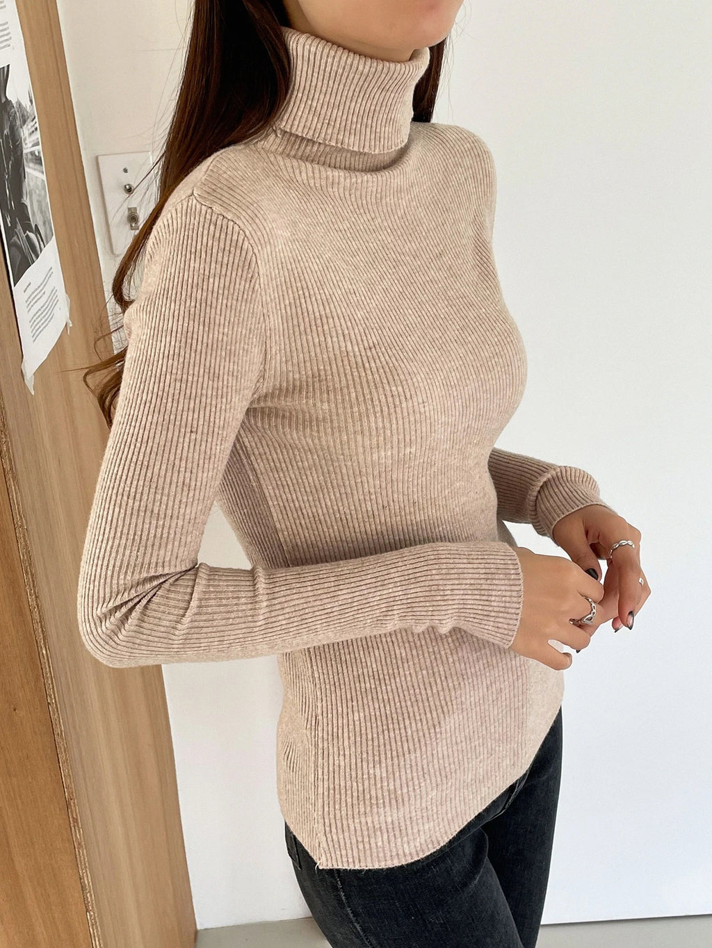 Basic Solid High Neck Long Sleeve Knit Sweater
