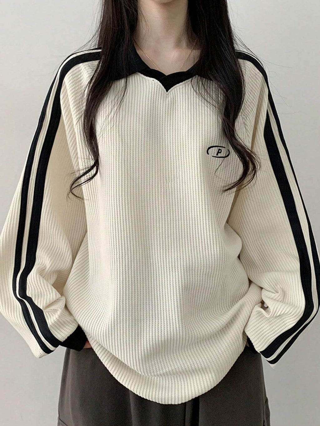 Contrast Color Block Striped Long Sleeve Casual Letter Print Sweatshirt, Collegiate Style, Long Sleeve Tops