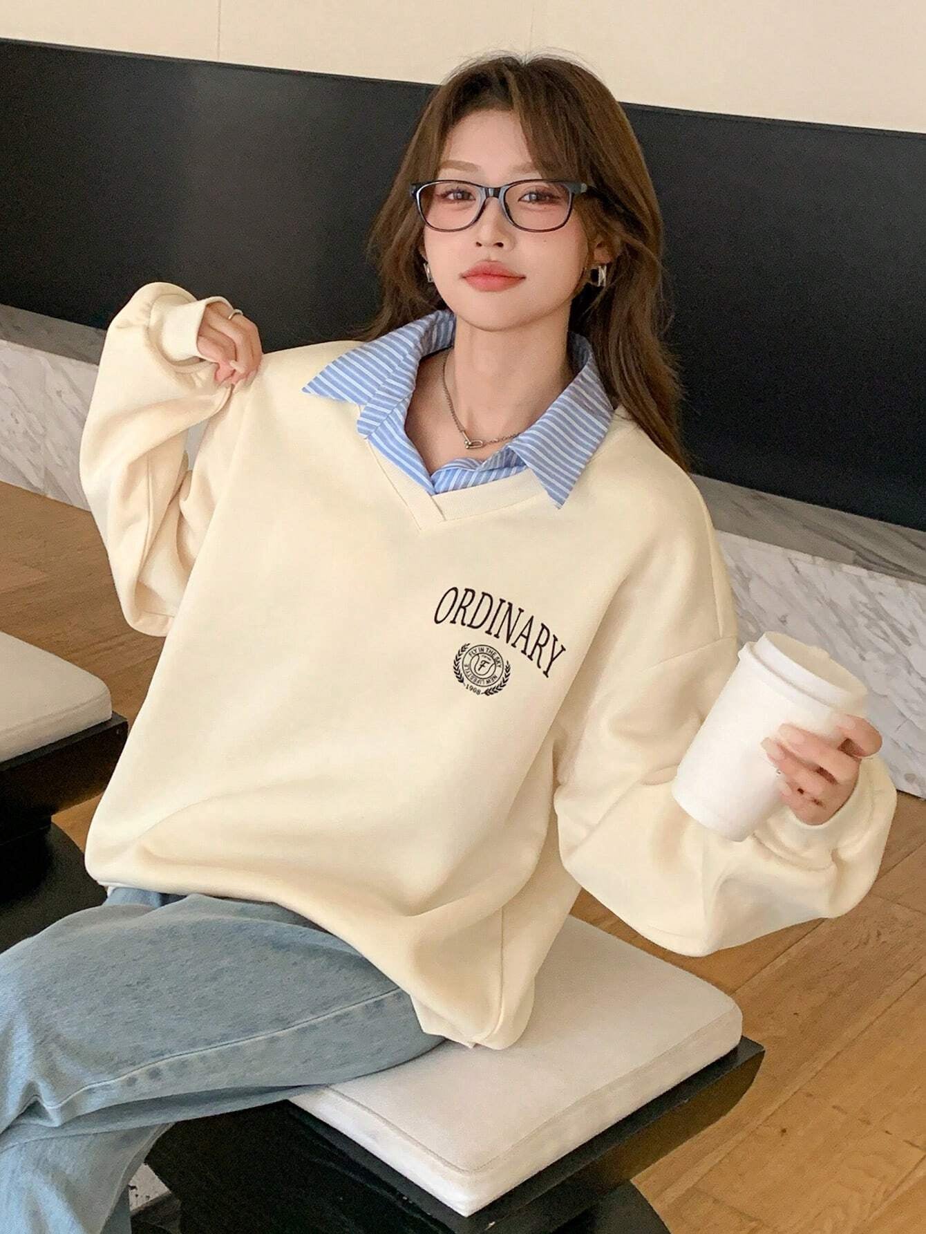 Letter & Stripe Print Patchwork Thermal Lined Sweatshirt