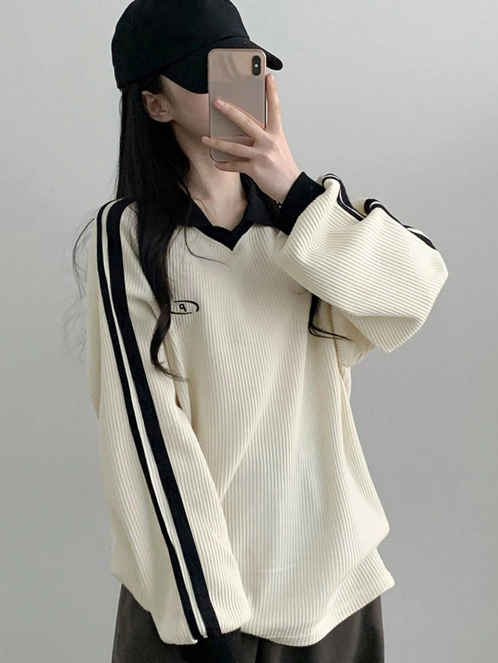 Contrast Color Block Striped Long Sleeve Casual Letter Print Sweatshirt, Collegiate Style, Long Sleeve Tops