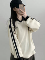 Contrast Color Block Striped Long Sleeve Casual Letter Print Sweatshirt, Collegiate Style, Long Sleeve Tops