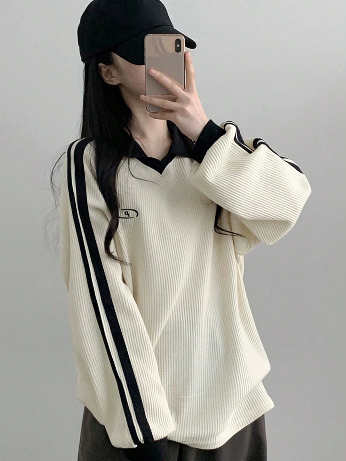 Contrast Color Block Striped Long Sleeve Casual Letter Print Sweatshirt, Collegiate Style, Long Sleeve Tops