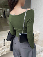 Women's Solid Color Square Neckline Long Sleeve Slim Fit T-Shirt