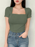 Women's Solid Color Swan Collar Short Sleeve T-Shirt