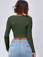 Neck Button Placket Rib-knit Tee