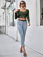 Neck Button Placket Rib-knit Tee
