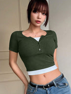 Color Block Fake Two Pieces Slim Fit Short Sleeve T-Shirt