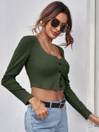 Neck Button Placket Rib-knit Tee