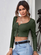 Neck Button Placket Rib-knit Tee