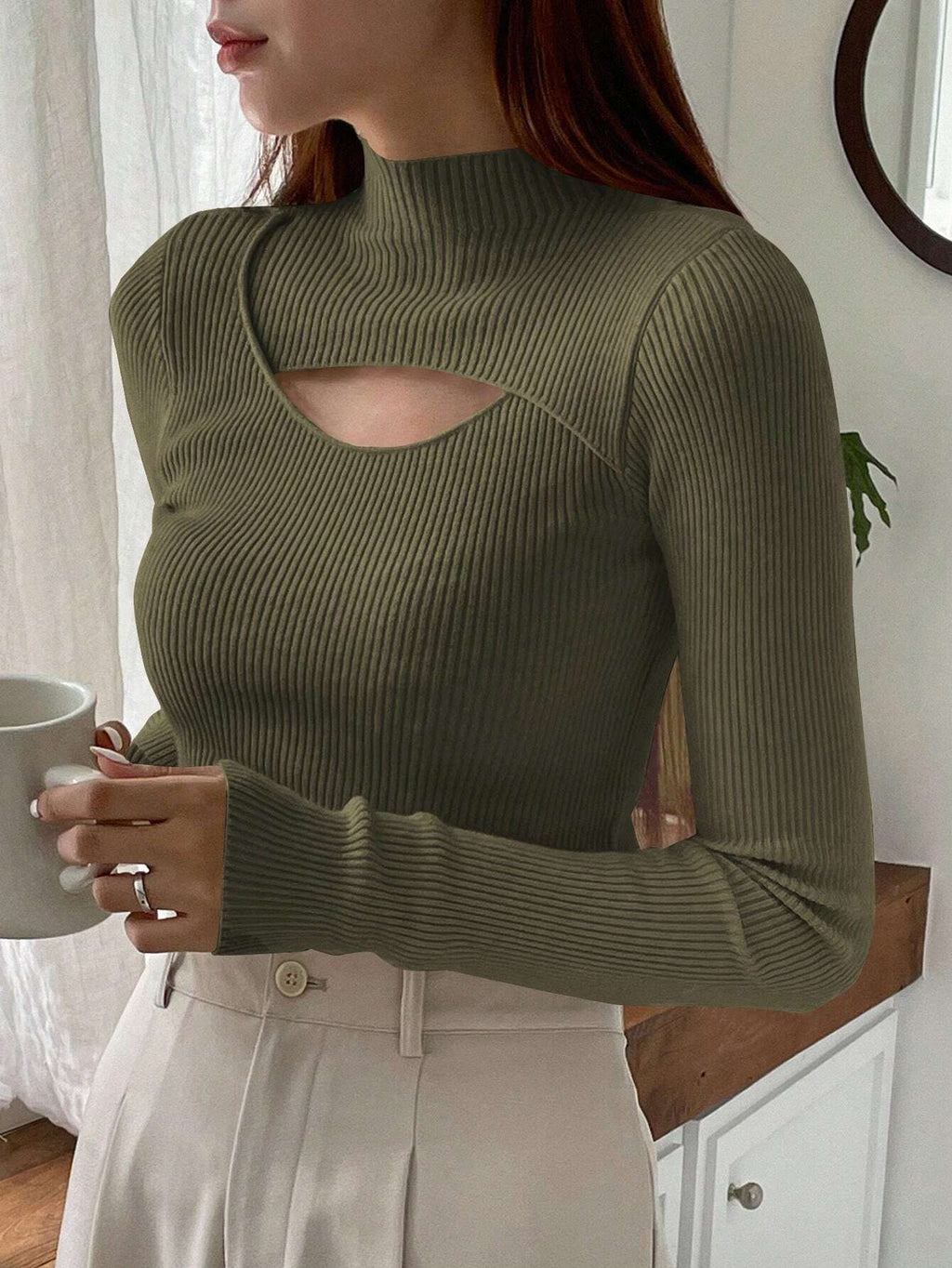 Stand Collar Long Sleeve Hollow Pullover Tops