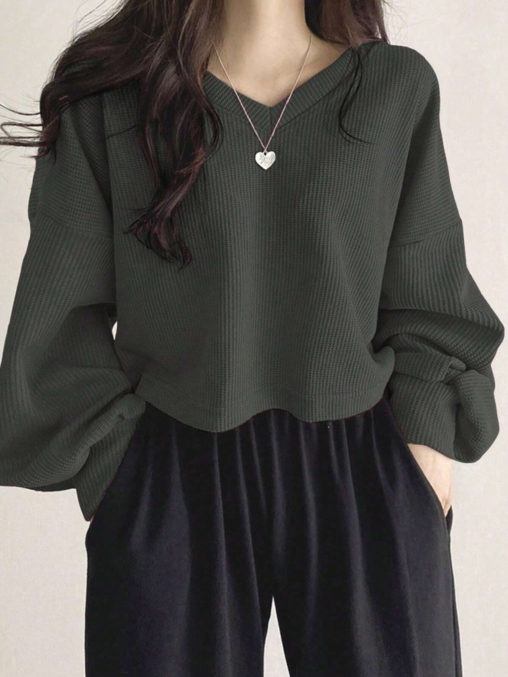 Solid Color V-Neck Dropped Shoulder Long Sleeve Loose Casual T-Shirt