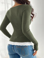 Round Neck 2 In 1 Lace Patchwork T-Shirt, Brown Velour Ribbed