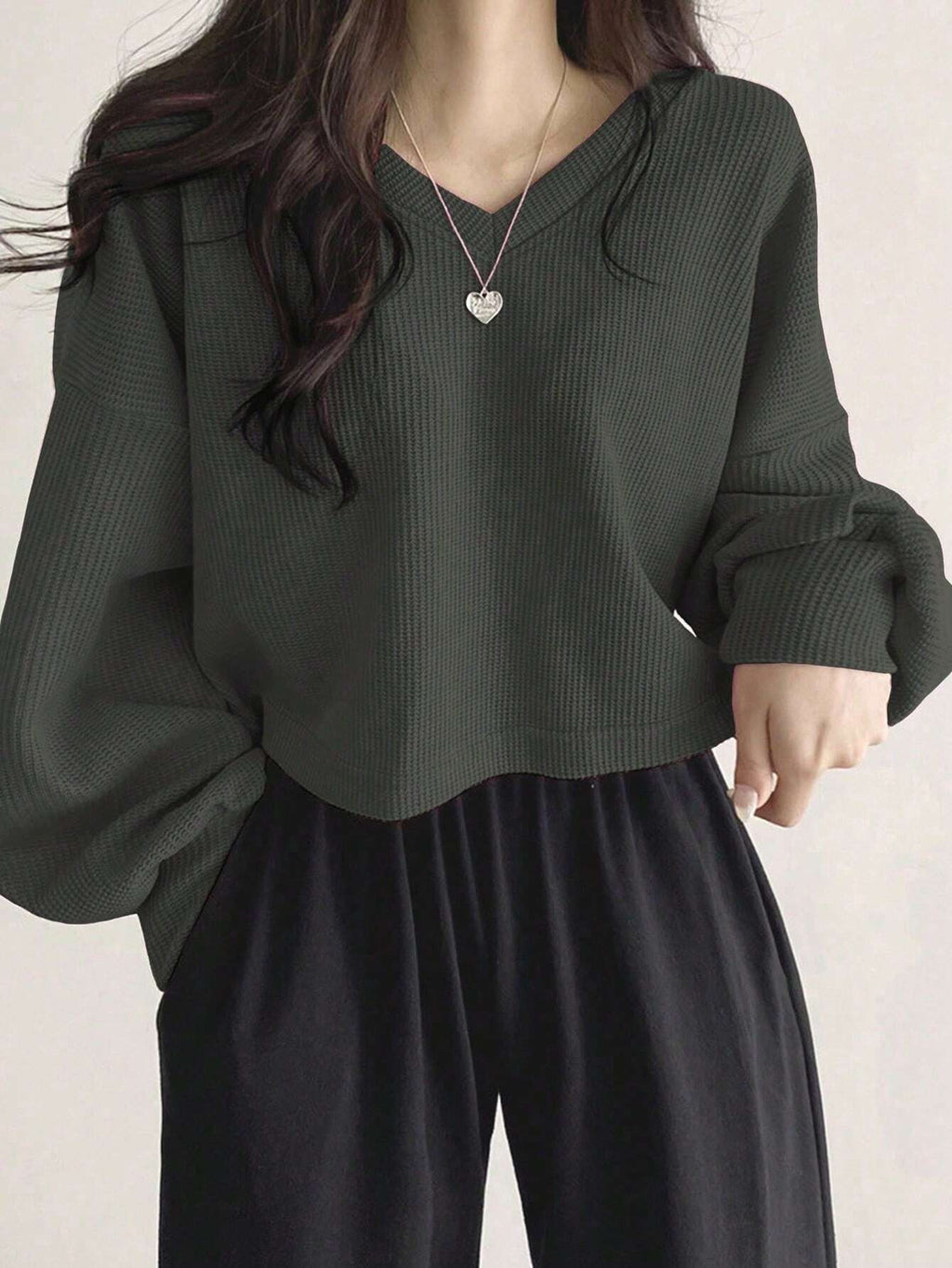 Solid Color V-Neck Dropped Shoulder Long Sleeve Loose Casual T-Shirt