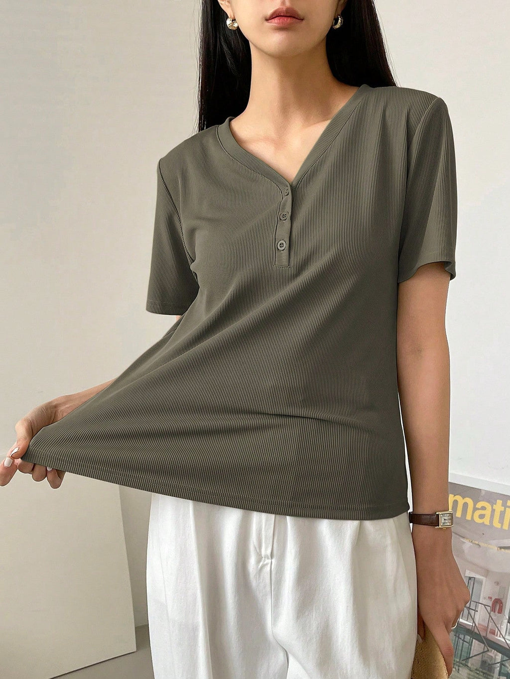 Less Solid Rib Knit Button Front Tee Old Money Style