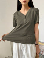 Less Solid Rib Knit Button Front Tee Old Money Style
