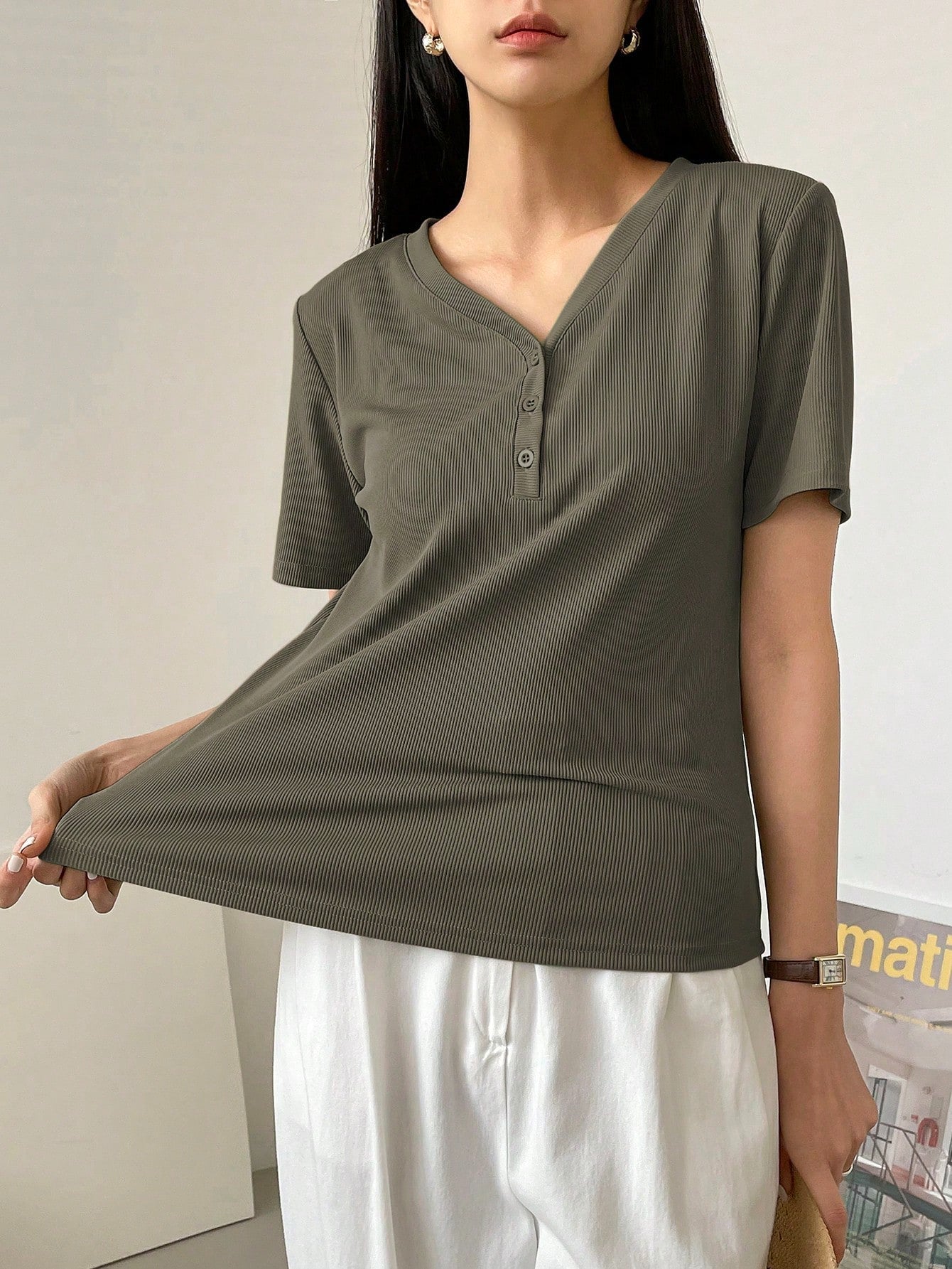 Less Solid Rib Knit Button Front Tee Old Money Style