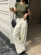 Solid Color Round Neck Short Sleeve Cropped Slim Fit Casual T-Shirt
