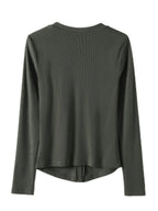 Casual V-Neck Long Sleeve T-Shirt - High Elasticity Semi-Sheer Button-Up Top